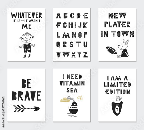 Collection of children cards with cute animals and lettering. Perfect for nursery posters. Vector illustration.