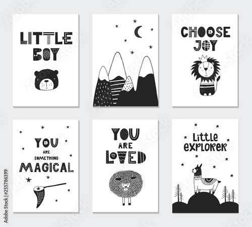 Collection of children cards with cute animals and lettering. Perfect for nursery posters. Vector illustration.