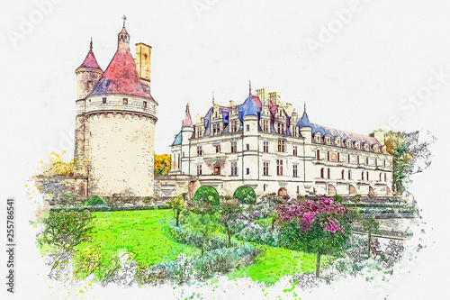 Watercolor sketch or illustration of a beautiful view of the ancient castle of Chenonceau in France