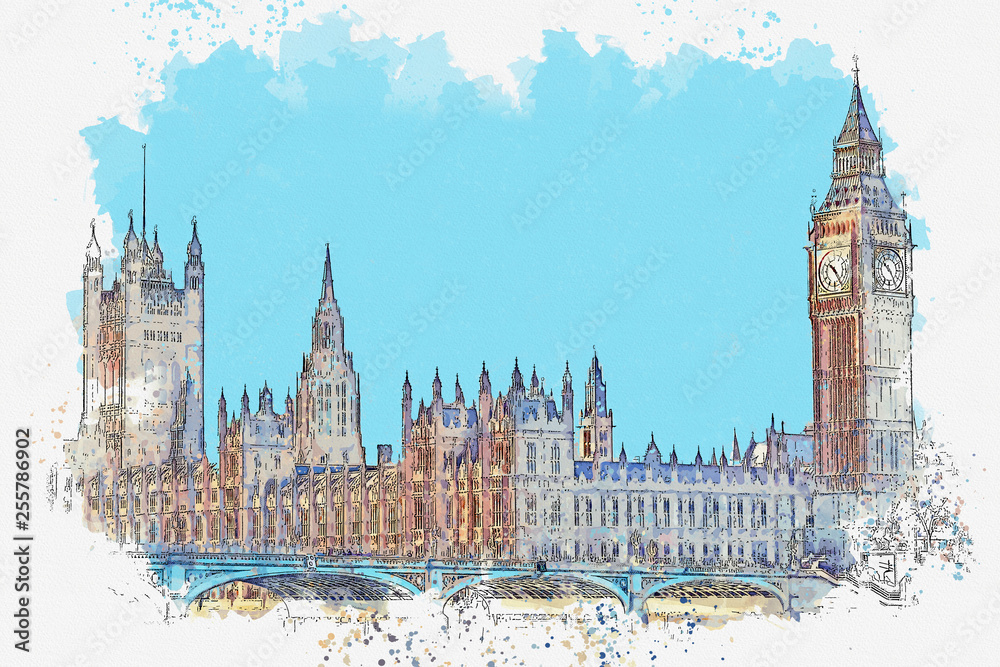 Watercolor sketch or illustration of a beautiful view of the Big Ben and the Houses of Parliament in London in the UK