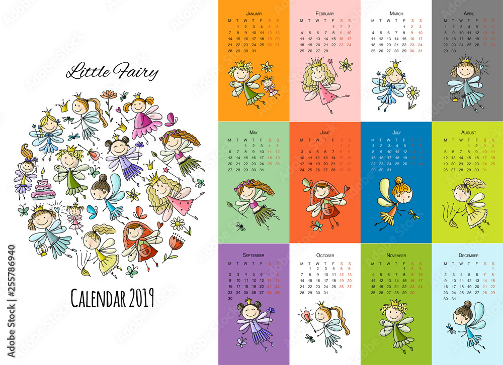 Fototapeta premium Little fairies, calendar 2019 design