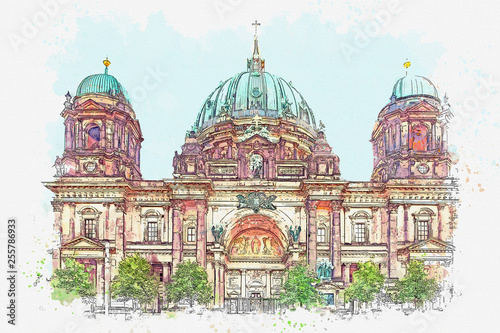 Watercolor sketch or illustration of the beautiful view of the Berliner Dom in Berlin in Germany