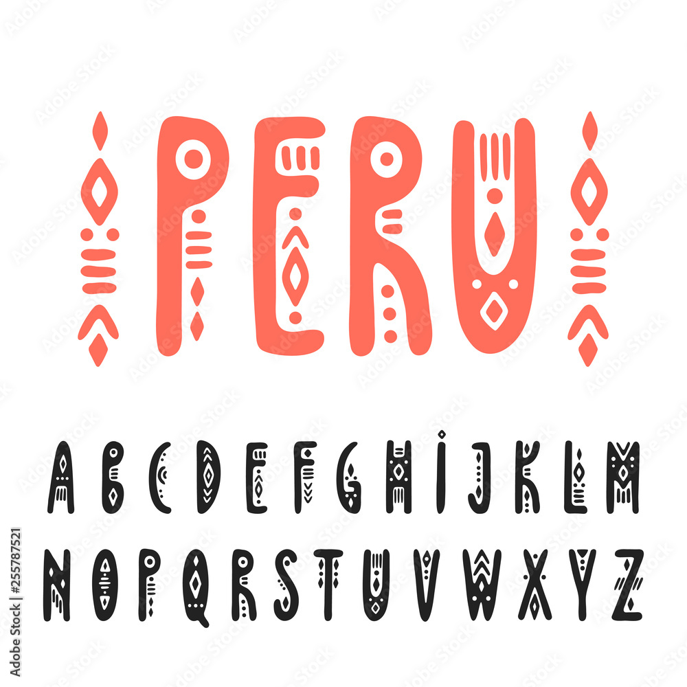 Vector uppercase narrow hand-drawn alphabet in Peruvian style - obrazy, fototapety, plakaty 