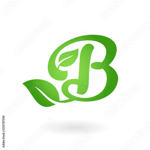 B letter calligraphic organic logo green leaves