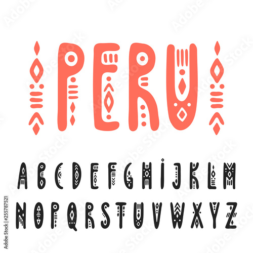 Vector uppercase narrow hand-drawn alphabet in Peruvian style photo