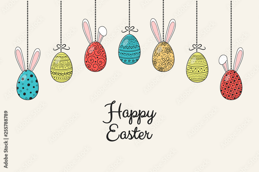 Design of an Easter decoration with decorative eggs with bunny ears and greetings. Vector