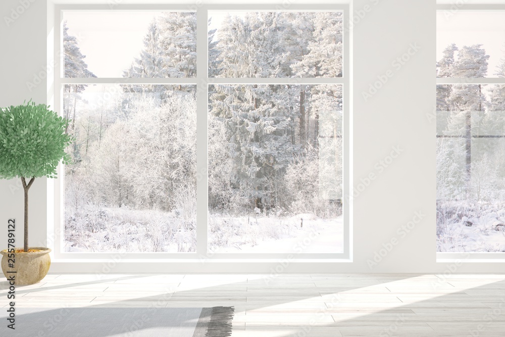 White stylish empty room with winter landscape in window. Scandinavian interior design. 3D illustration White stylish empty room with winter landscape in window. Scandinavian interior design. 3D illustration