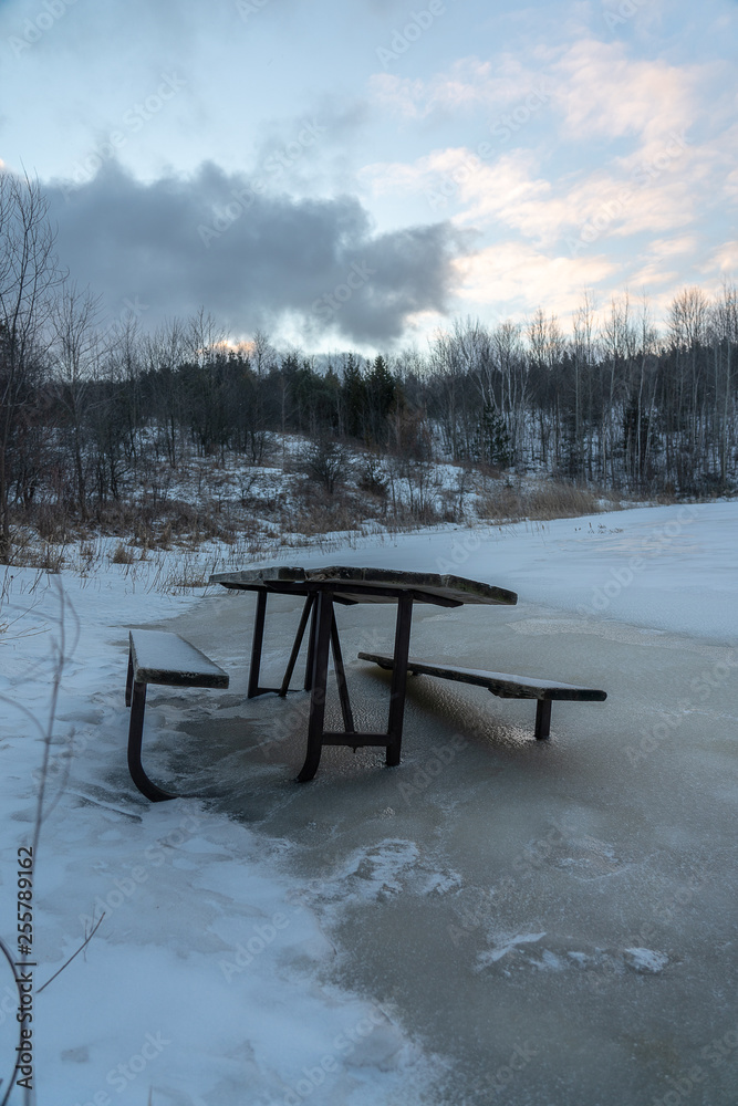 Park bench table winter season