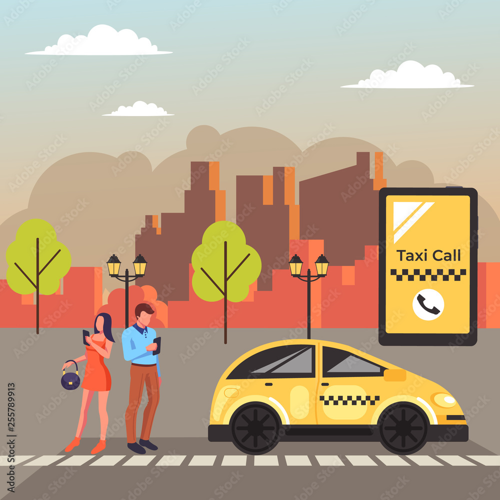 Two people characters waiting taxi cab. Online application city urban transport concept. Vector design graphic flat cartoon illustration