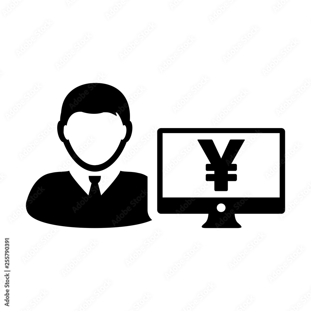 Avatar icon vector male user person with Yen sign and computer monitor screen in flat color in Glyph Pictogram Symbol illustration Avatar icon vector male user person with Yen sign and computer monitor screen in flat color in Glyph Pictogram Symbol illustration