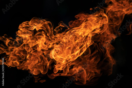 Closeup Fire flames from gas explosion on black background.