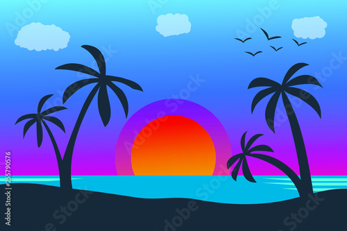 Vector seascape and sky background. Tropical Beach and Palm Trees Silhouette Travel Holiday Vacation Concept. © Renat