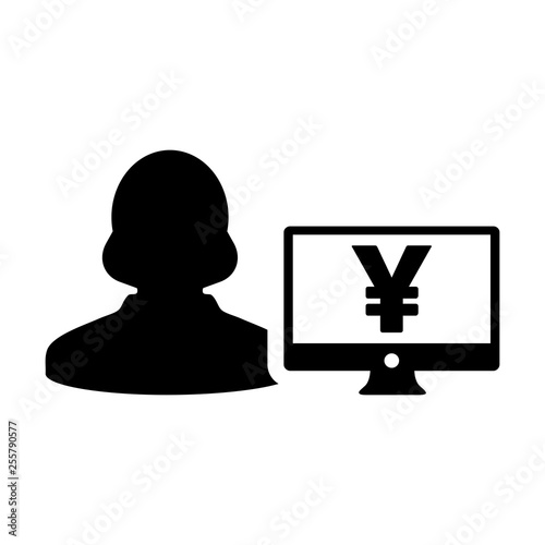 Yen sign icon vector female user person profile avatar with computer monitor currency symbol for banking and finance business in flat color glyph pictogram illustration