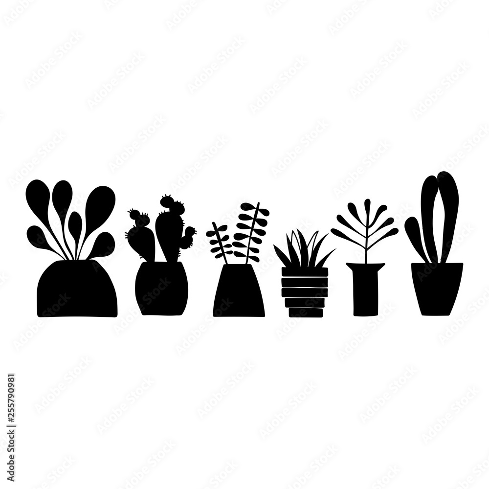 Set of doodle home plants. Vector hand drawn. Silhouette. Set of doodle home plants. Vector hand drawn. Silhouette.
