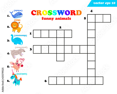 six funny anymals crossword on white background