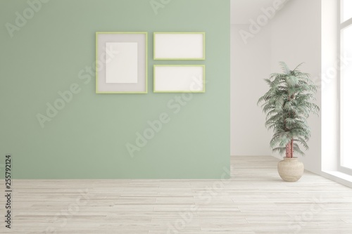 Mock up of white stylish minimalist room with green flower and frames on a wall. Scandinavian interior design. 3D illustration