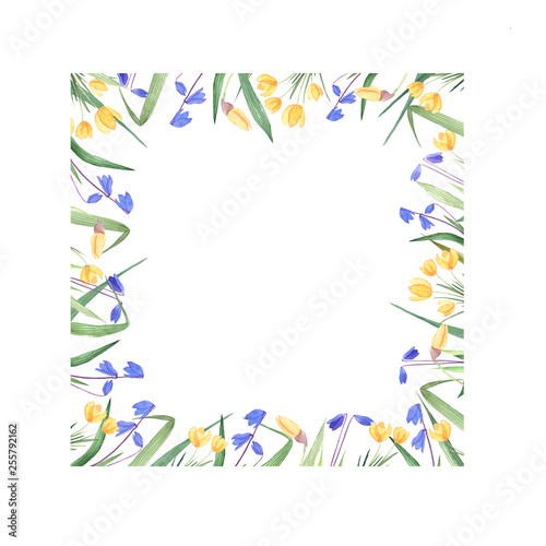 Watercolor spring flowers arranged in a square template. Watercolor flower template for a wedding invitation, gift card, announcement.