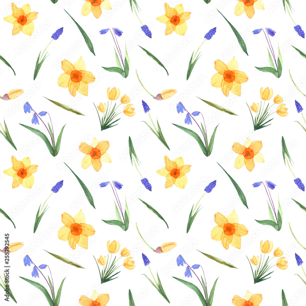 Seamless watercolor spring flower background. Watercolor flowers randomly arranged in a seamless pattern. Spring flower texture on a white background.