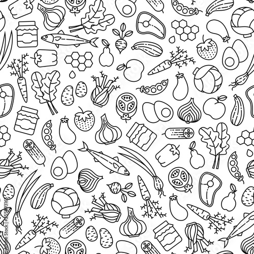 Farmer s market seamless pattern with line icons. Fruits  vegetables  honey  eggs  meat and fish