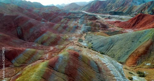 Rainbow Mountains. Aerial image showing the most beautiful valley in Zhangye National Geopark, one of the most colorful landscapes on earth. Zhangye Danxia in Gansu Province, China. 