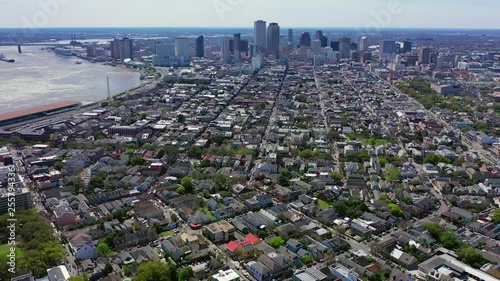 Aerial Far Pan from Left to Right of New Orleans French Quarter towards Downtown photo