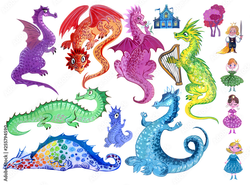 Colorful fairy dragons and princesses set Colorful fairy dragons and princesses set