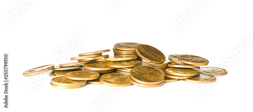 Pile of shiny USA coins on white background