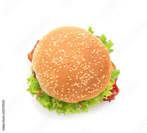 Tasty burger on white background, top view