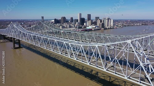 Aerial of Crescent City Connection Bridge view towards New Orleans Downtown