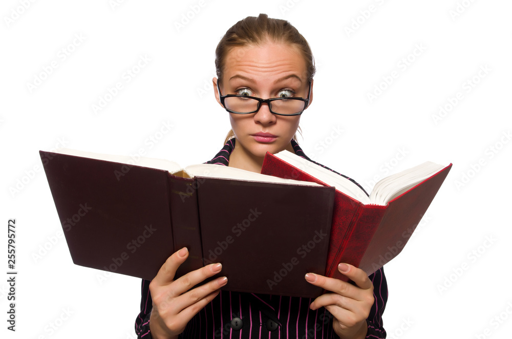 Young woman in purple costume holding books Young woman in purple costume holding books
