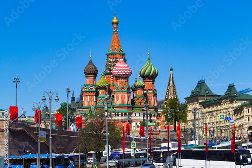 Moscow, Russia, May 9, holiday, Red Square, Vasilyevsky Descent and the Cathedral of Christ the Savior from the embankment. Decorated with flags of Moscow.