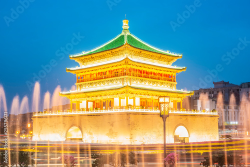 Bell Tower of Xi'an at night. Built in 1384 during the early Ming Dynasty, is a symbol of the city of Xi'an and one of the grandest of its kind in China. Located in Xi'an City, Shanxi Province, China.