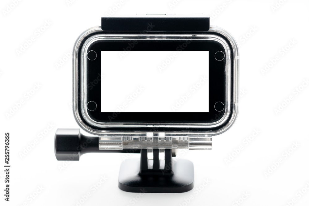 Extreme action camera at waterproof aqua-box isolated on a white  background. Camera for footage 4k movies, sports and domestic life. for  design and decoration Stock Photo | Adobe Stock