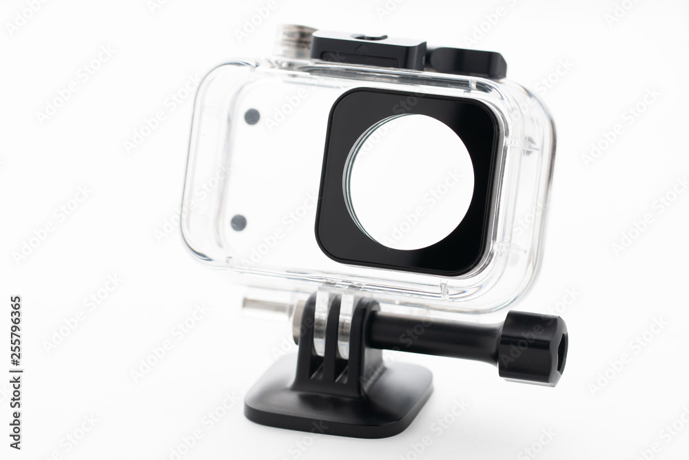 Extreme action camera waterproof aqua-box isolated on a white background. Camera for footage 4k movies, sports and domestic life. for design and decoration
