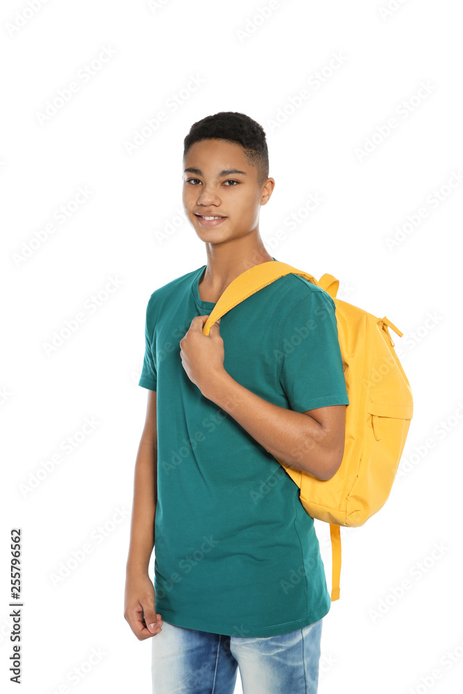 African-American teenager boy in casual clothes on white background African-American teenager boy in casual clothes on white background