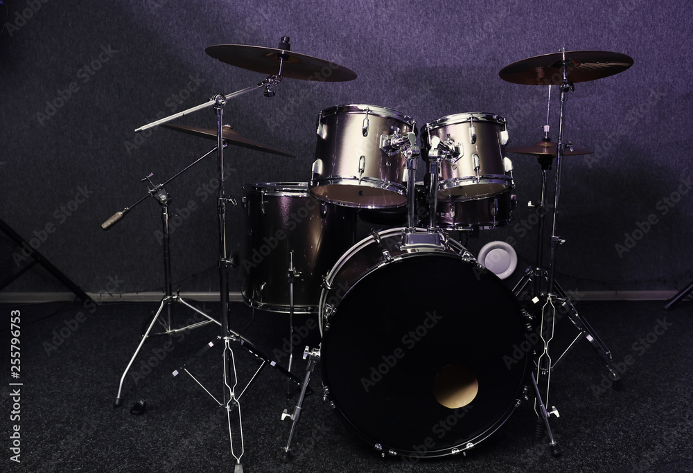 Fototapeta premium Modern drum set in recording studio. Music equipment
