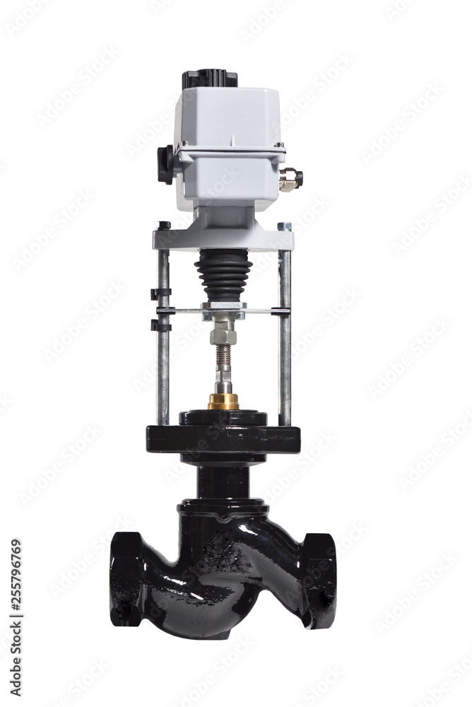 New black and grey valve with automatic electric drive for water supply systems. Electric valve to control the flow of water or other liquid. Isolated New black and grey valve with automatic electric drive for water supply systems. Electric valve to control the flow of water or other liquid. Isolated