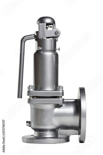 Automatic safety valve in metallic gray for water supply systems. Close-up. Spring valve