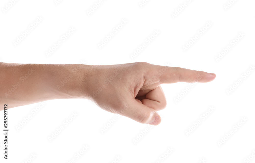 Man pointing at something on white background, closeup of hand Man pointing at something on white background, closeup of hand