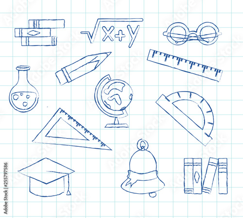School supplies. Set of vector illustrations on copybook squared page
