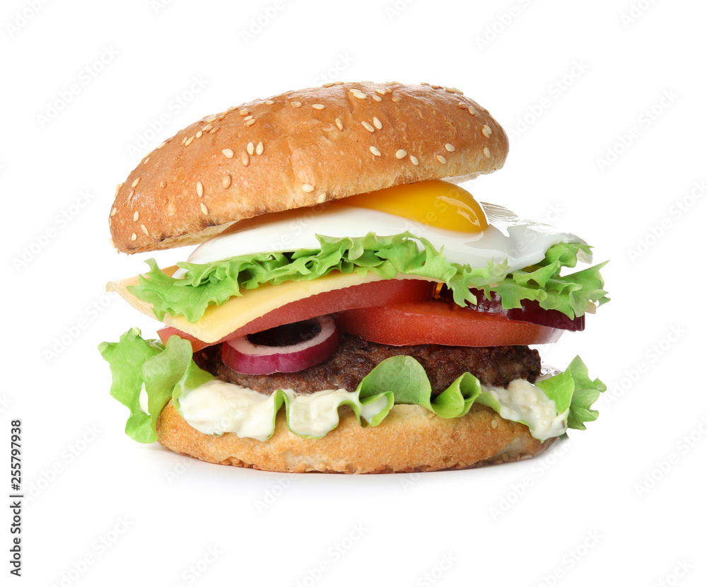 Tasty burger with fried egg on white background