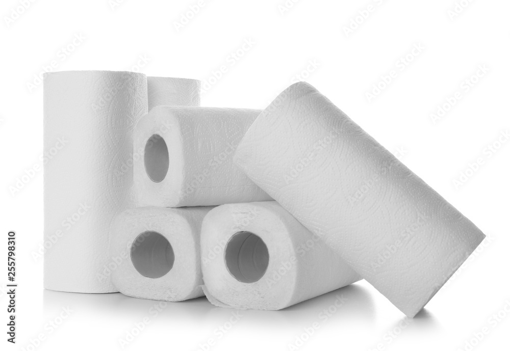 Rolls of paper towels on white background