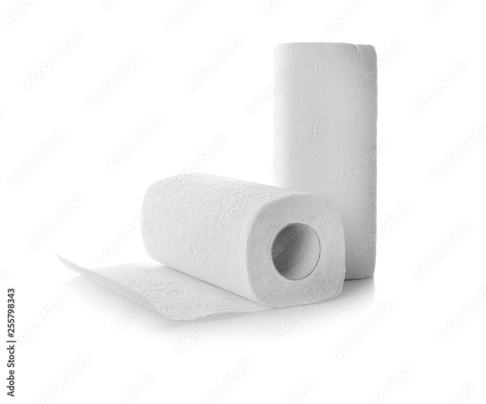 Fototapeta premium Rolls of paper towels on white background