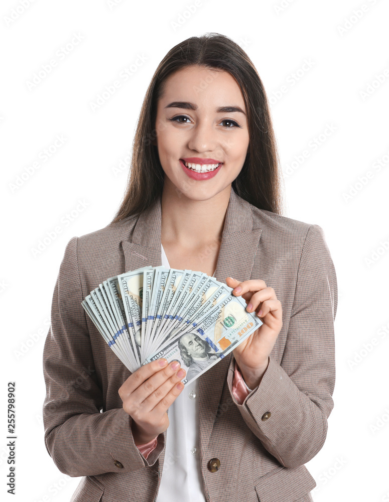 Portrait of happy young businesswoman with money on white background Portrait of happy young businesswoman with money on white background