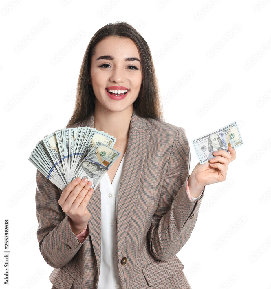 Portrait of happy young businesswoman with money on white background Portrait of happy young businesswoman with money on white background