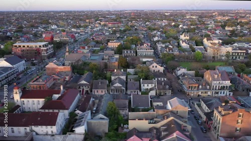 Aerial Pan from Right to Left of the French Quarter towards Treme at Dusk New Orleans