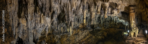 Large panoramic view on stalactites and stalagmites at the Caves of Barac in the municipality of Rakovica, Croatia. photo