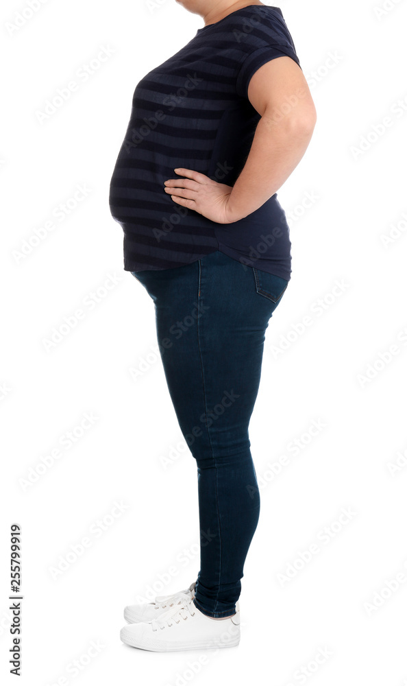 Overweight woman on white background, closeup. Weight loss