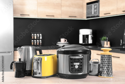 Set with modern domestic appliances in kitchen