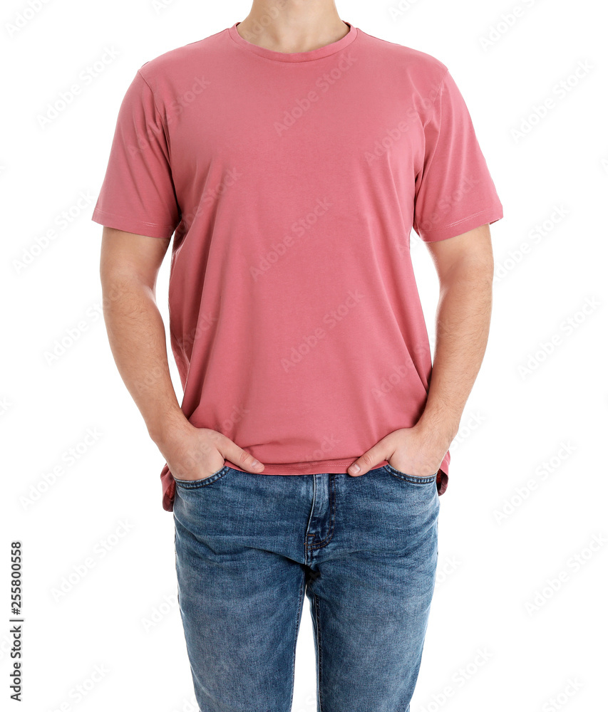 Young man on white background, closeup. Weight loss Young man on white background, closeup. Weight loss